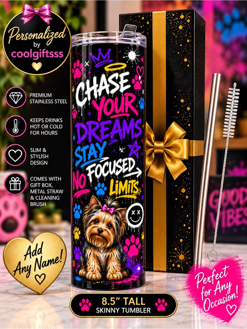 Personalized Yorkie Skinny Tumbler - Black with Pink Accents new made to order
